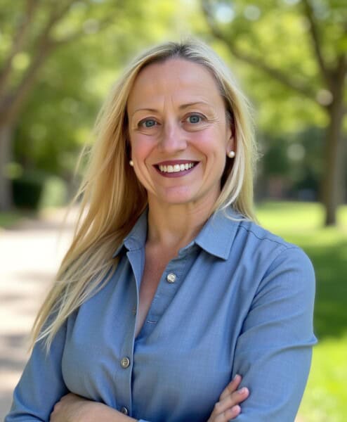Lady in blue shirst with her arms folded. She has blonde hair. There are green leafed trees in the background.