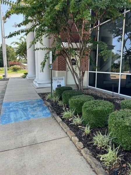 The sidewalk gently guides you to the entrance of a building, marked by a “Louisiana Public Defender’s Office” sign, flanked by neatly trimmed hedges and mature trees.